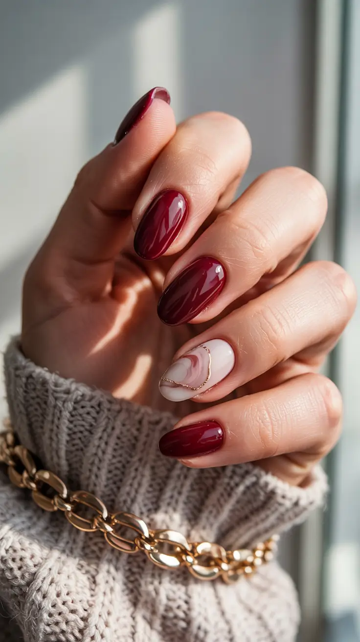 Dark Winter Nails Ideas 2025–2026 Wine Marble Chic