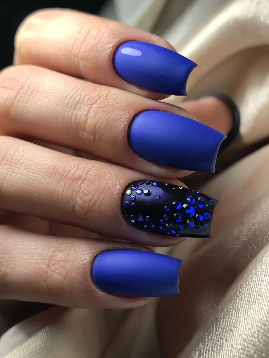 Dark Winter Nails Ideas 2025–2026 Velvet Blue Matte with Gem Accent