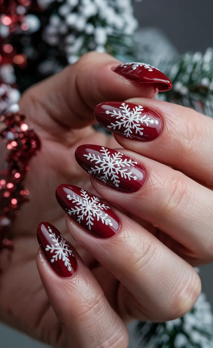 Dark Winter Nails Ideas 2025–2026 Crimson Snowflake Charm