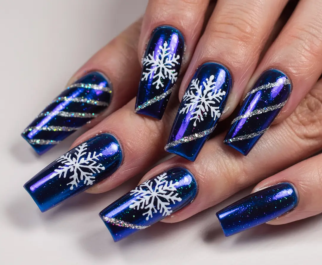 Dark Winter Nails Ideas 2025–2026 Royal Blue Snowflake French