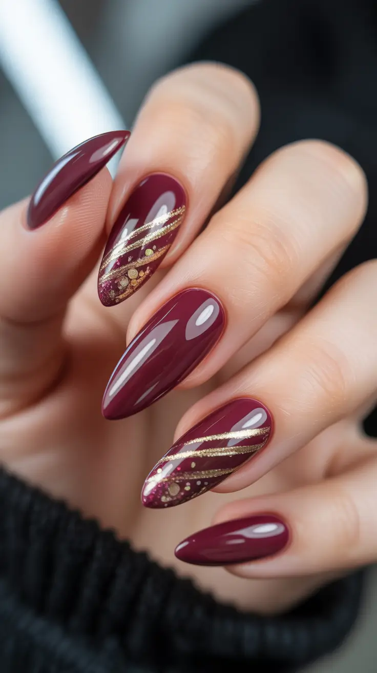 Velvet Wine Swirl Almond Nails