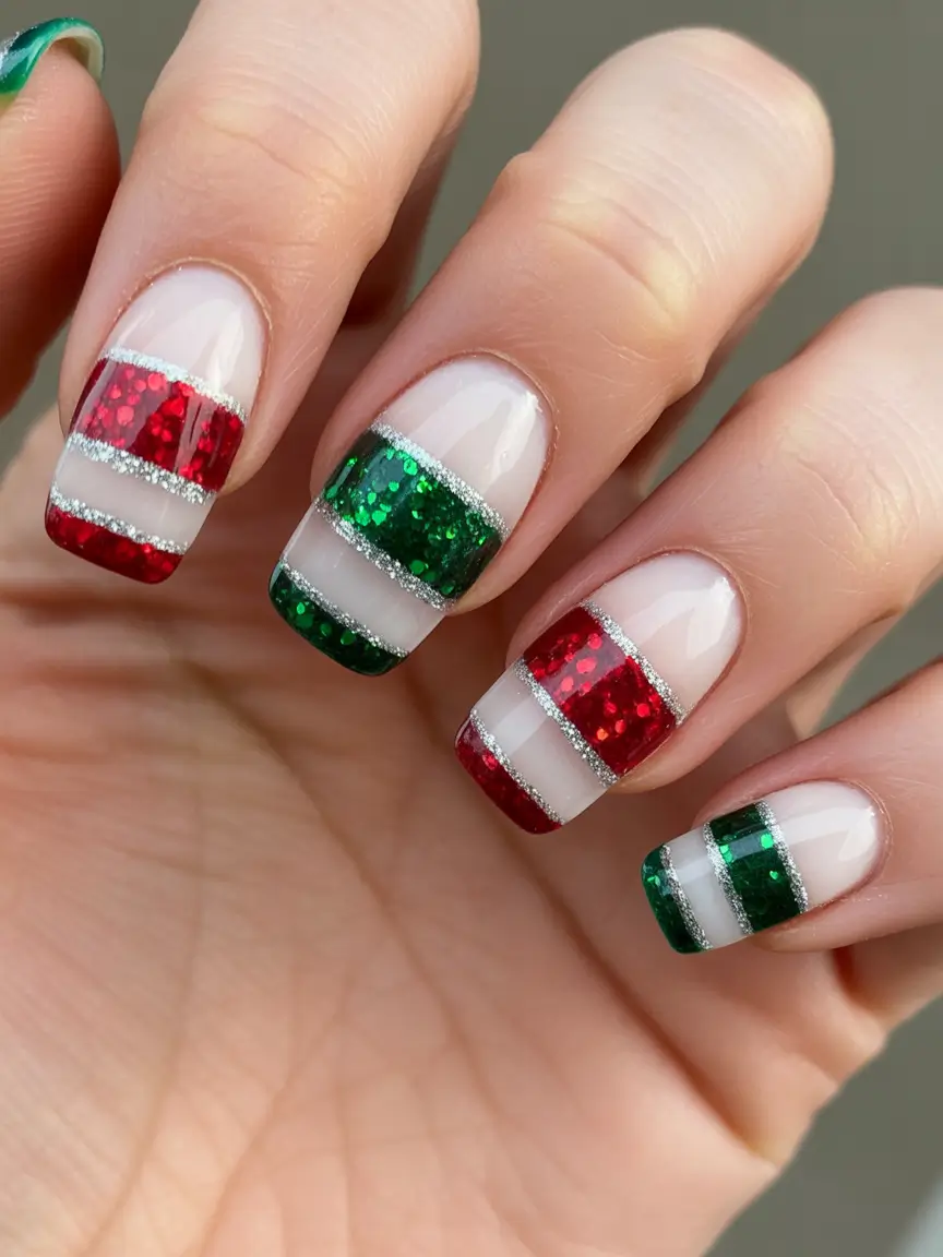 Easy Christmas Nails 2025 Festive Glitter Blocks