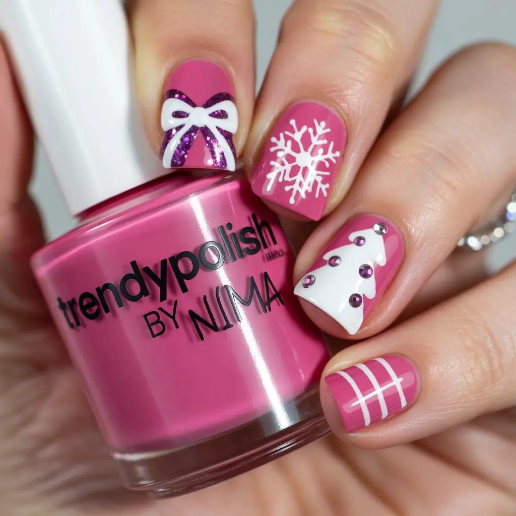 Easy Christmas Nails 2025 Pink Wonderland