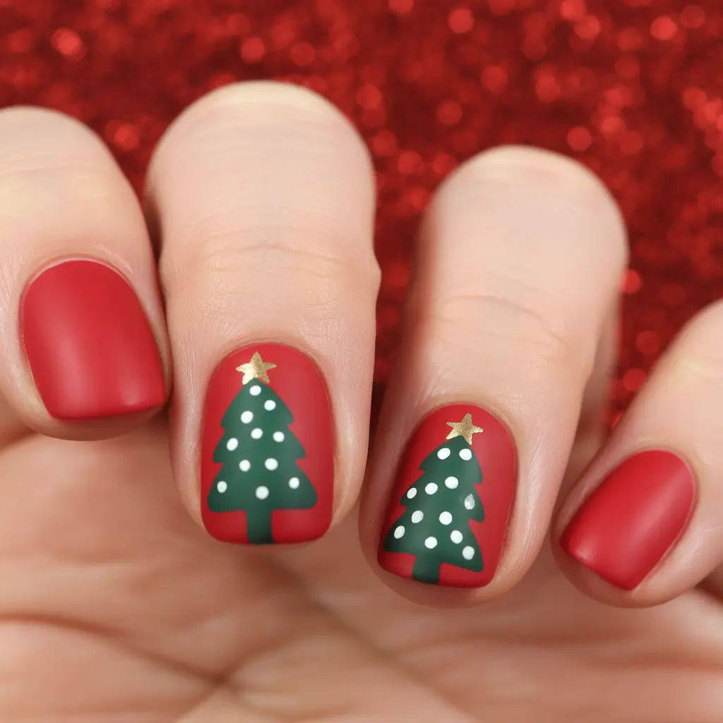 Easy Christmas Nails 2025 Red Velvet Trees