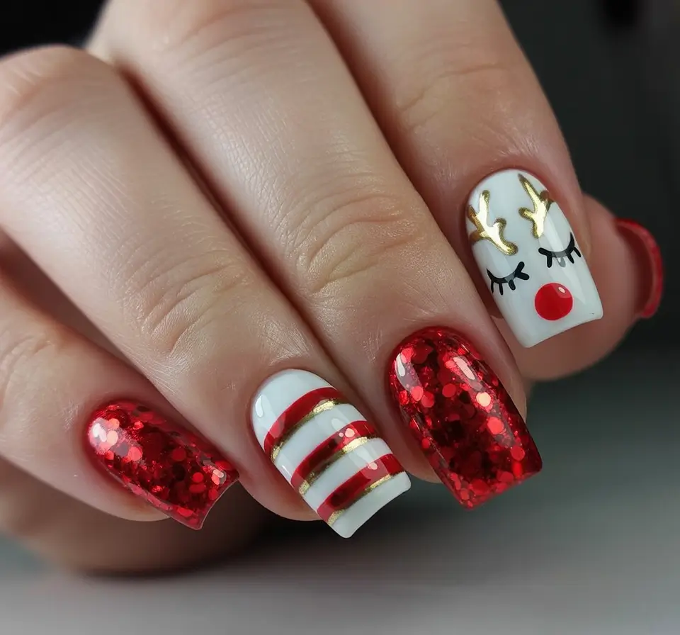Easy Christmas Nails 2025 Reindeer Glow