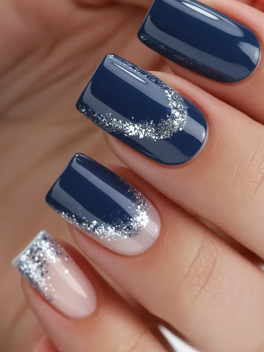 Easy nails color and design winter 2025 2026 Midnight Sparkle with Silver Frost