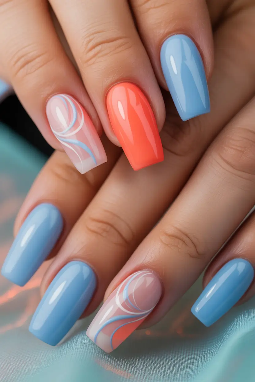 Easy nails color and design winter 2025 2026 Coral Meets Frost Blue