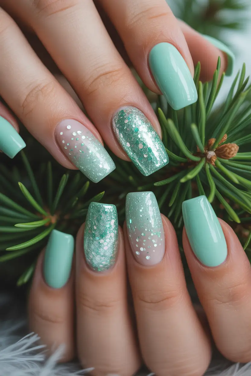 Easy nails color and design winter 2025 2026 Mint Snowfall Magic