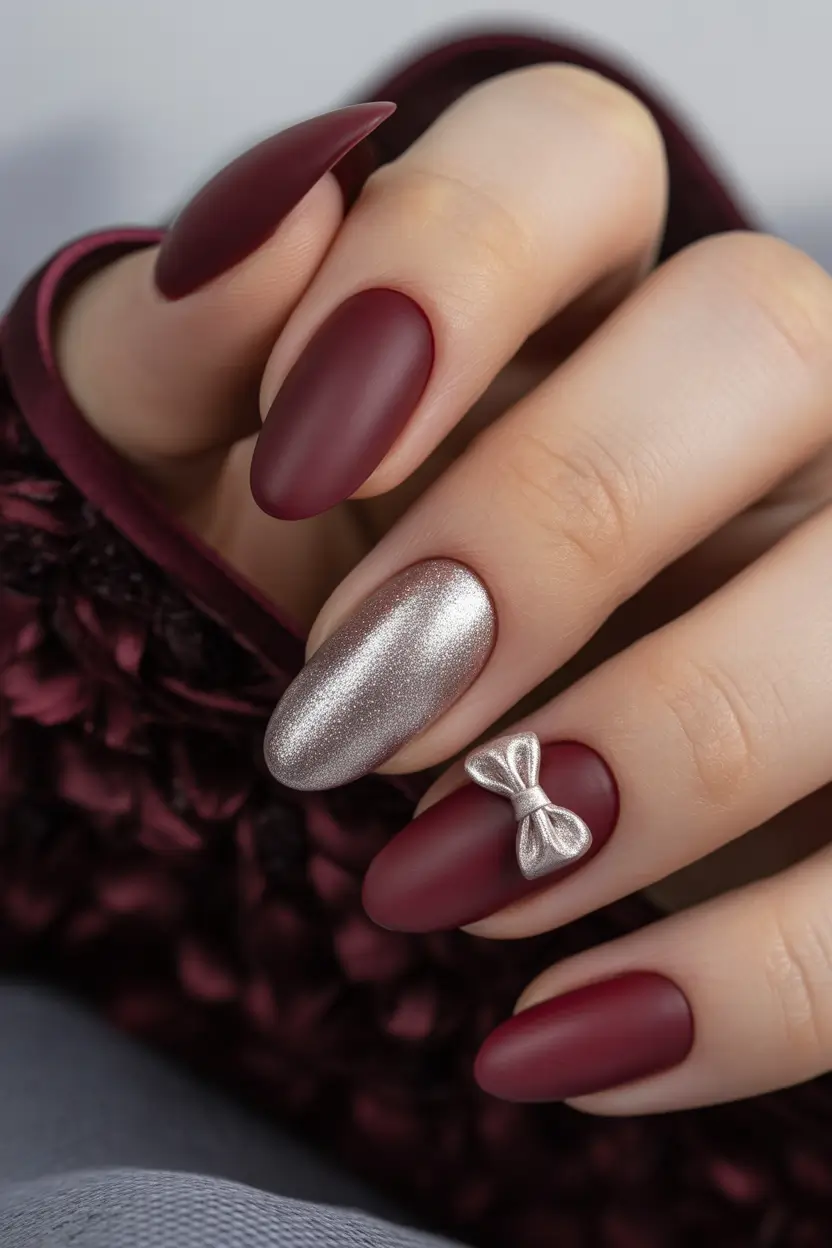 Easy nails color and design winter 2025 2026 Matte Merlot and Metallic Bow