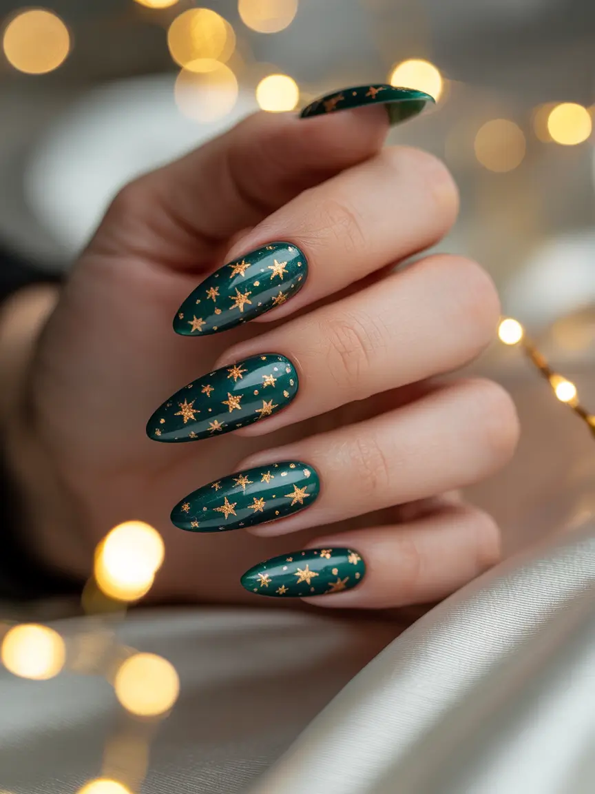 Easy nails color and design winter 2025 2026 Celestial Green Stars