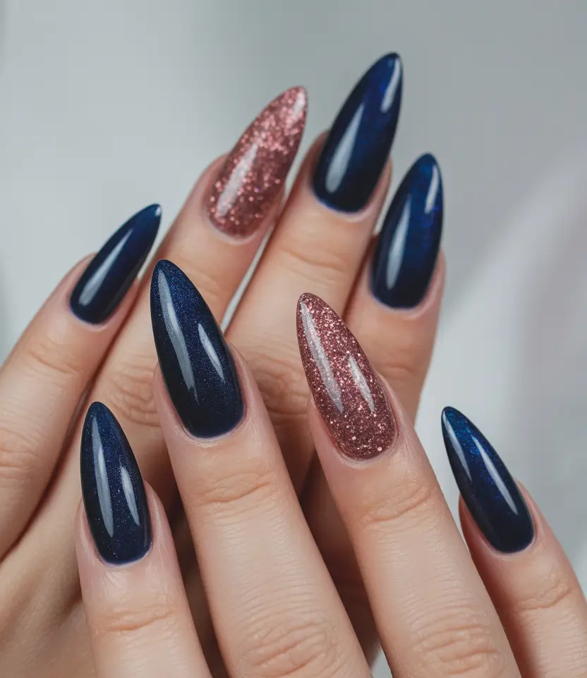 Easy nails color and design winter 2025 2026 Starlit Navy and Rose Gold