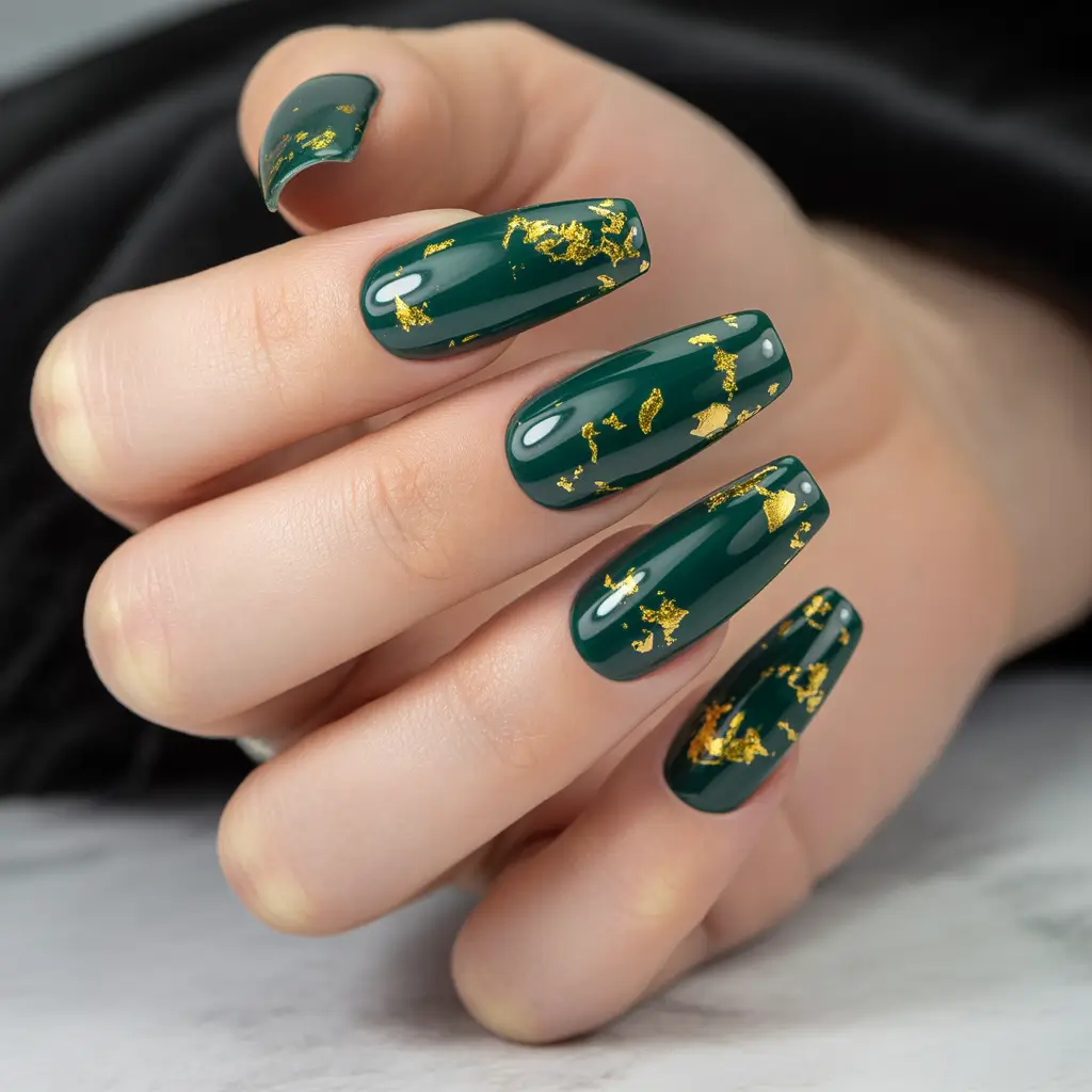 Easy nails color and design winter 2025 2026 Emerald Elegance with Gold Flakes