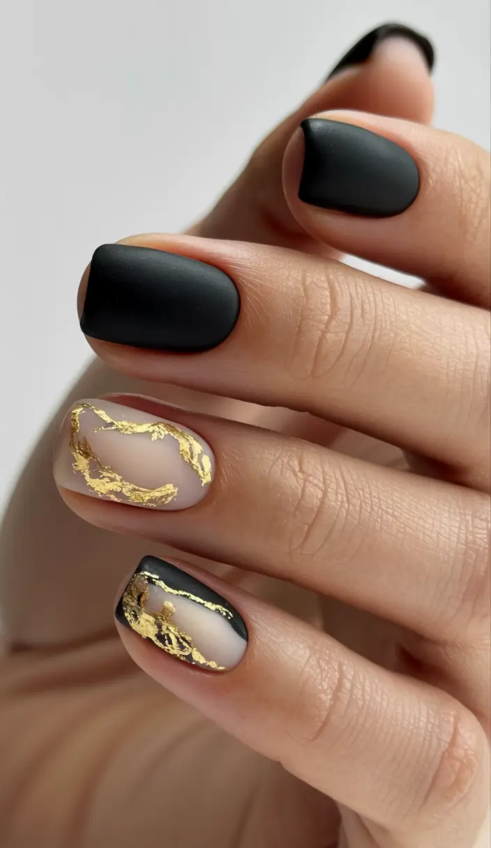Easy nails color and design winter 2025 2026 Matte Noir and Gold Veins