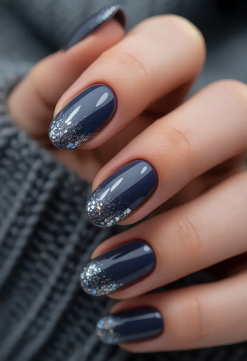 Easy nails color and design winter 2025 2026 Midnight Glitter Fade