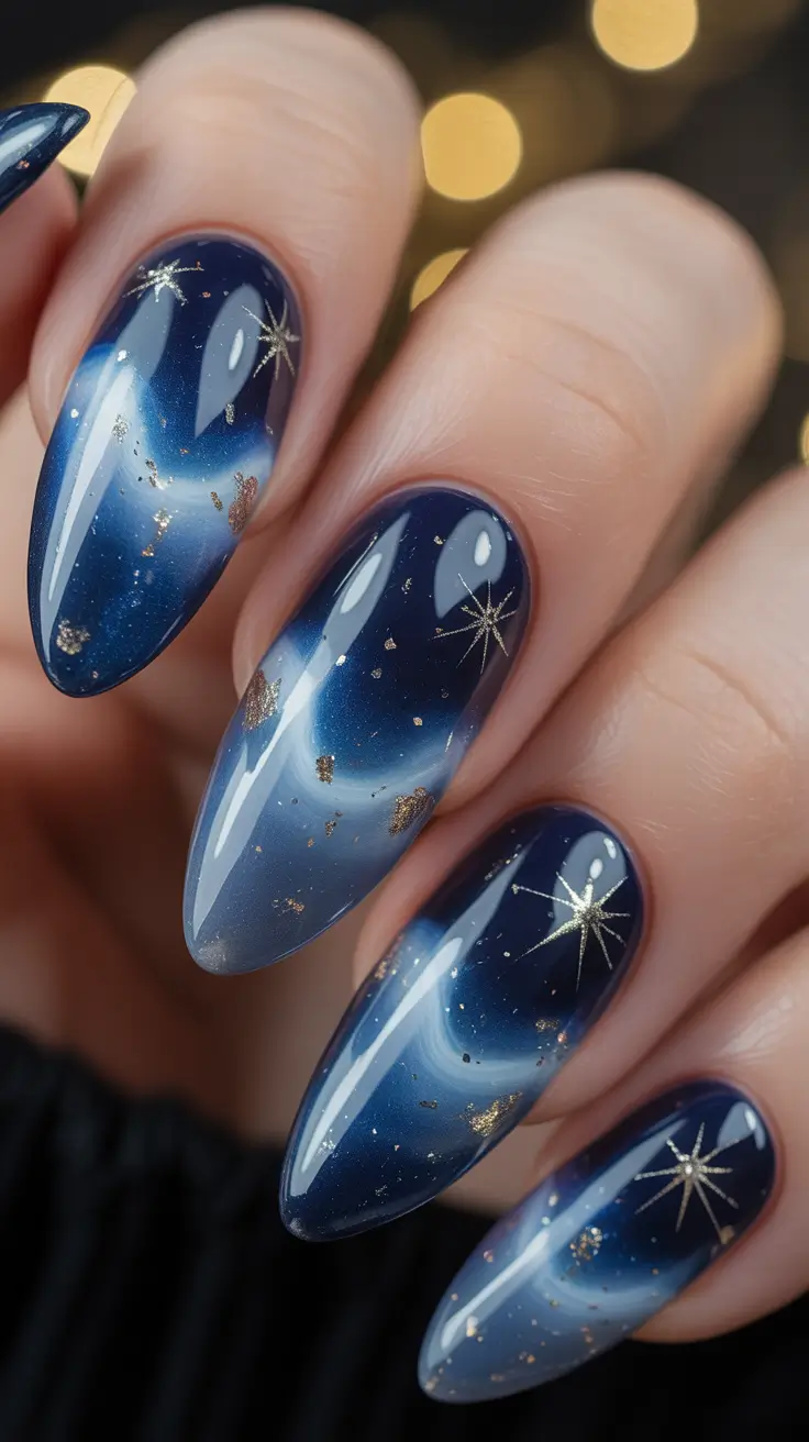 Easy nails color and design winter 2025 2026 Galactic Blue Glow