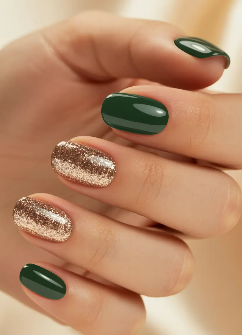 Easy nails color and design winter 2025 2026 Emerald and Gold Harmony