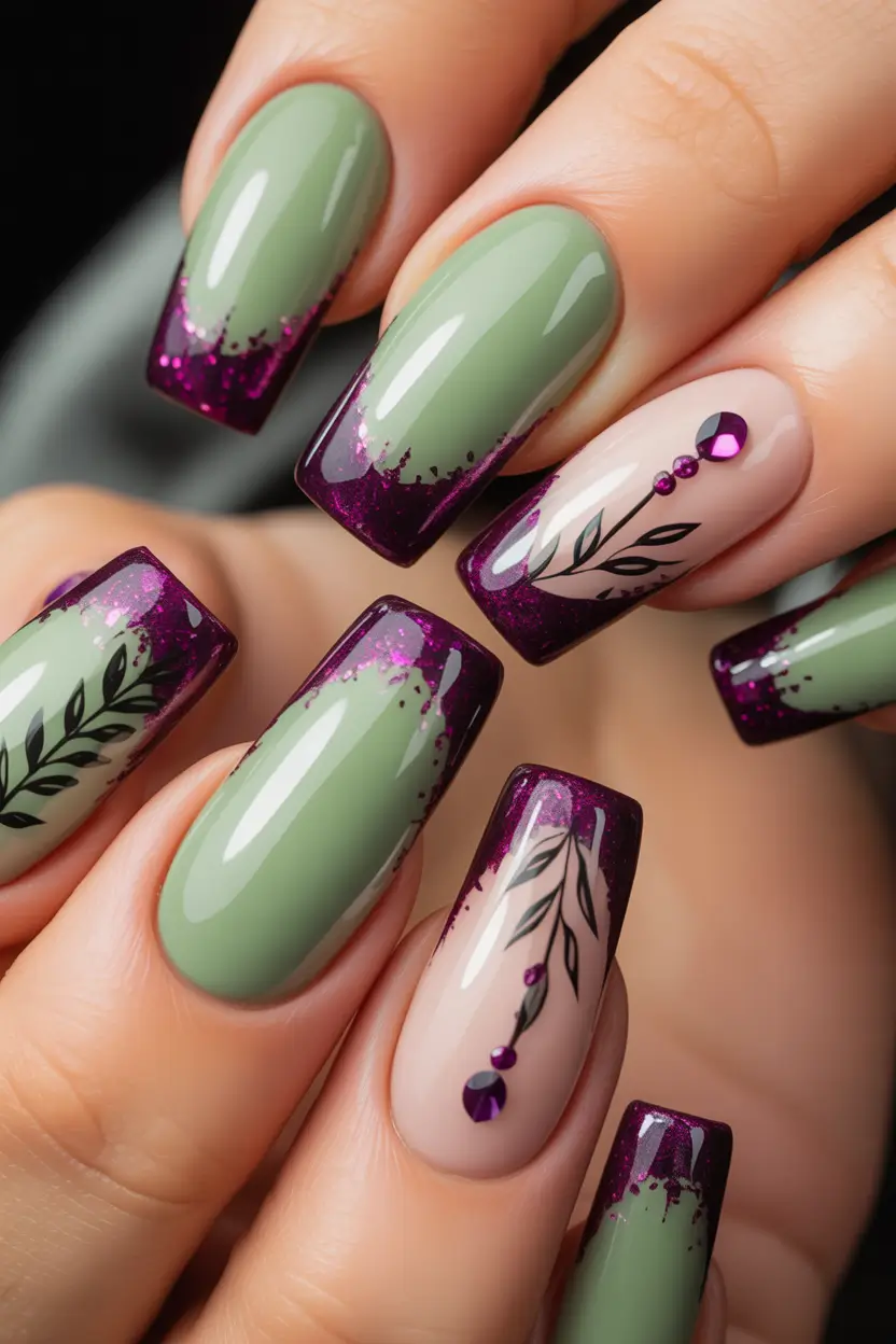 Easy nails color and design winter 2025 2026 Olive and Plum Enchant