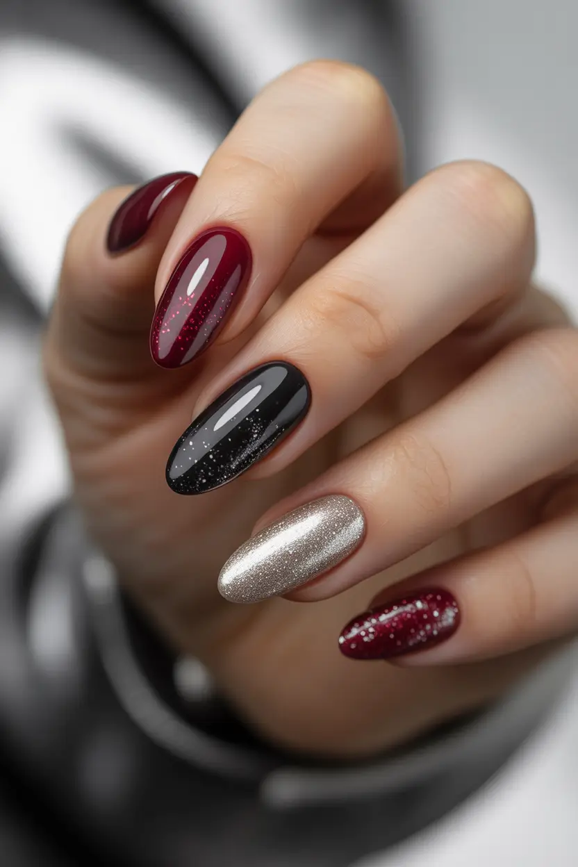 Easy nails color and design winter 2025 2026 Velvet Red and Silver Touch