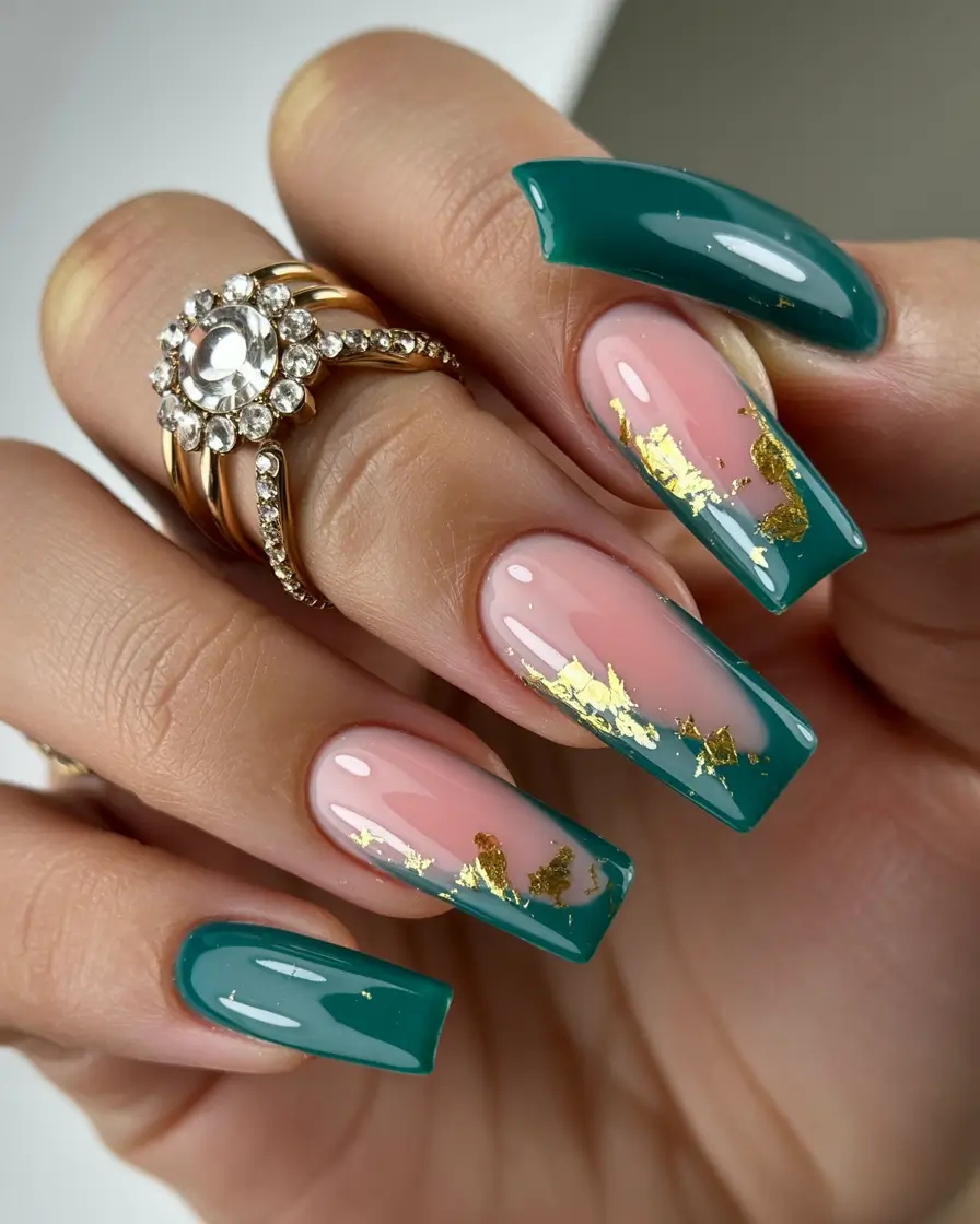 Elegant Christmas Nail Designs 2025 Teal Luxe French with Gold Leaf