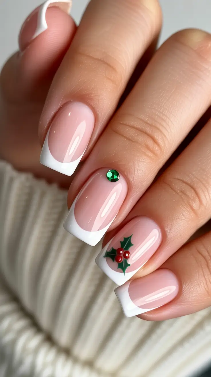 Elegant Christmas Nail Designs 2025 Classic French Holly Accent