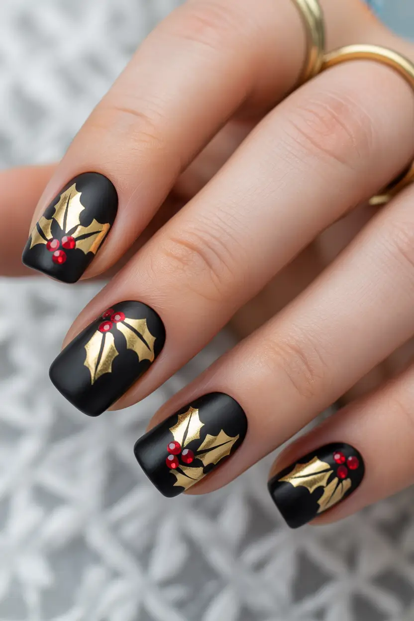 Elegant Christmas Nail Designs 2025 Golden Holly on Midnight
