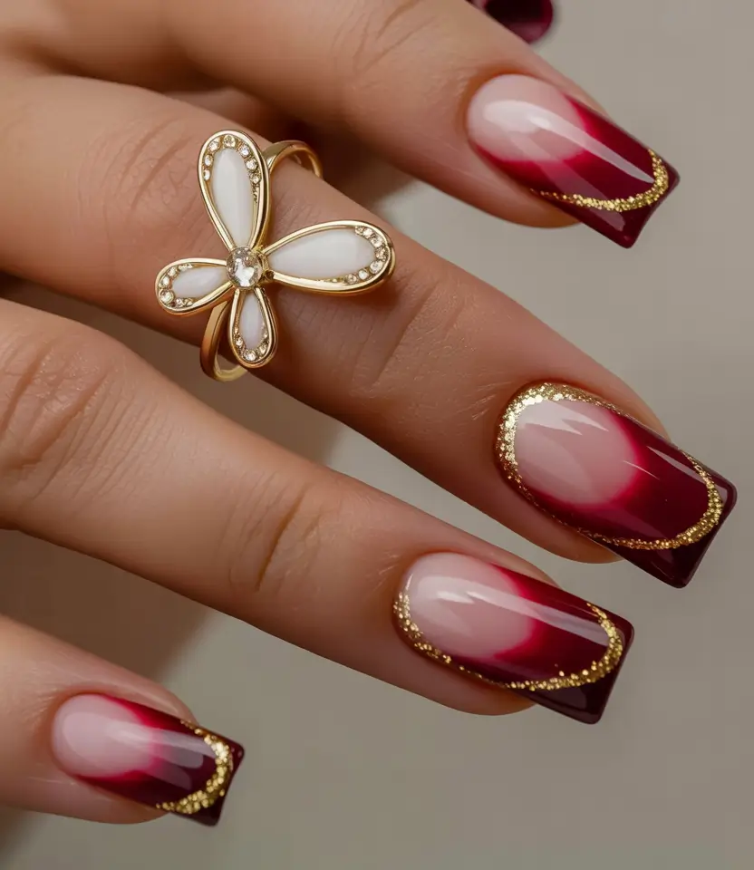 Elegant Christmas Nail Designs 2025 Wine Ombre with Gold Halo