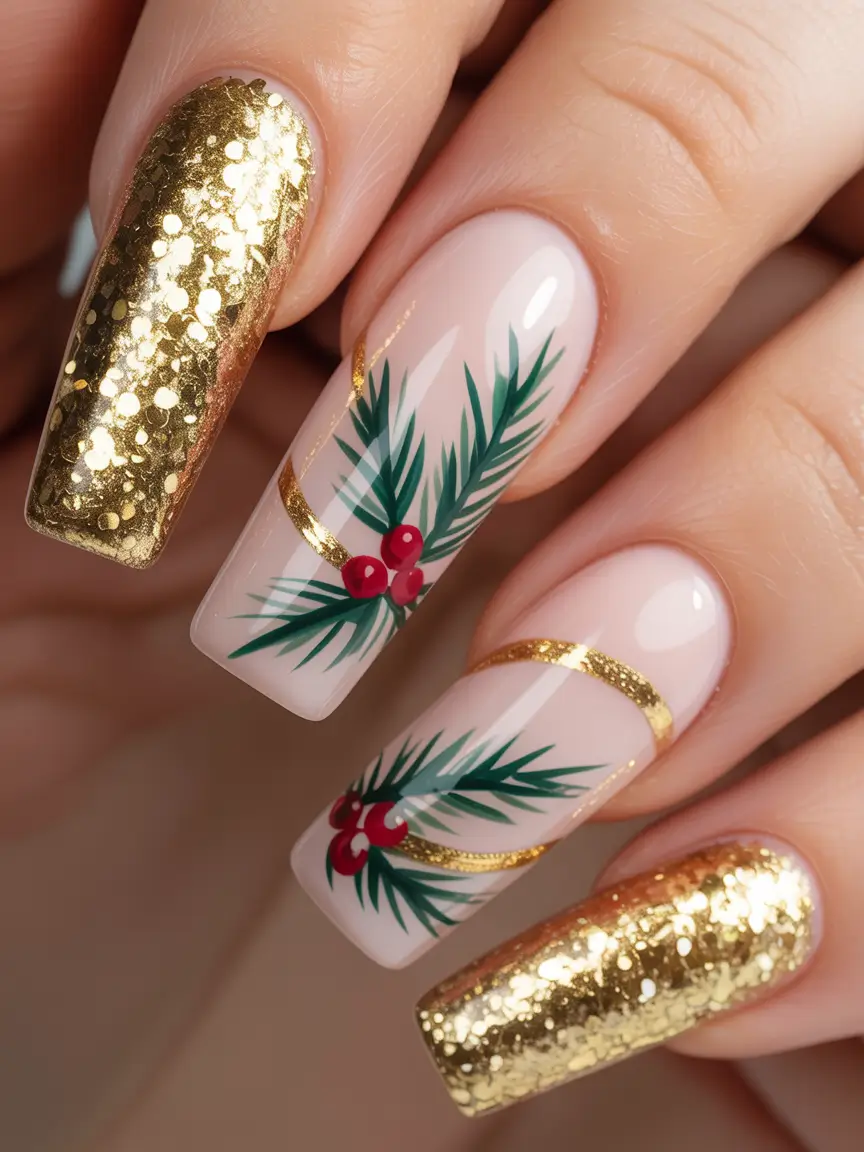 Elegant Christmas Nail Designs 2025 Golden Evergreen Luxury