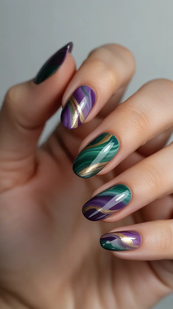 Almond shape Emerald Marble with Purple Waves