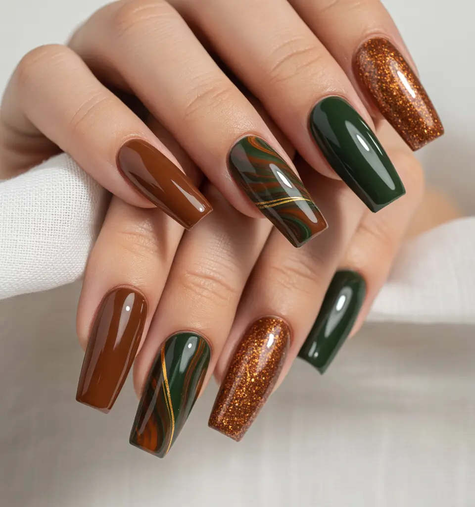 Fall nail design for November 2025 Earthy Squares