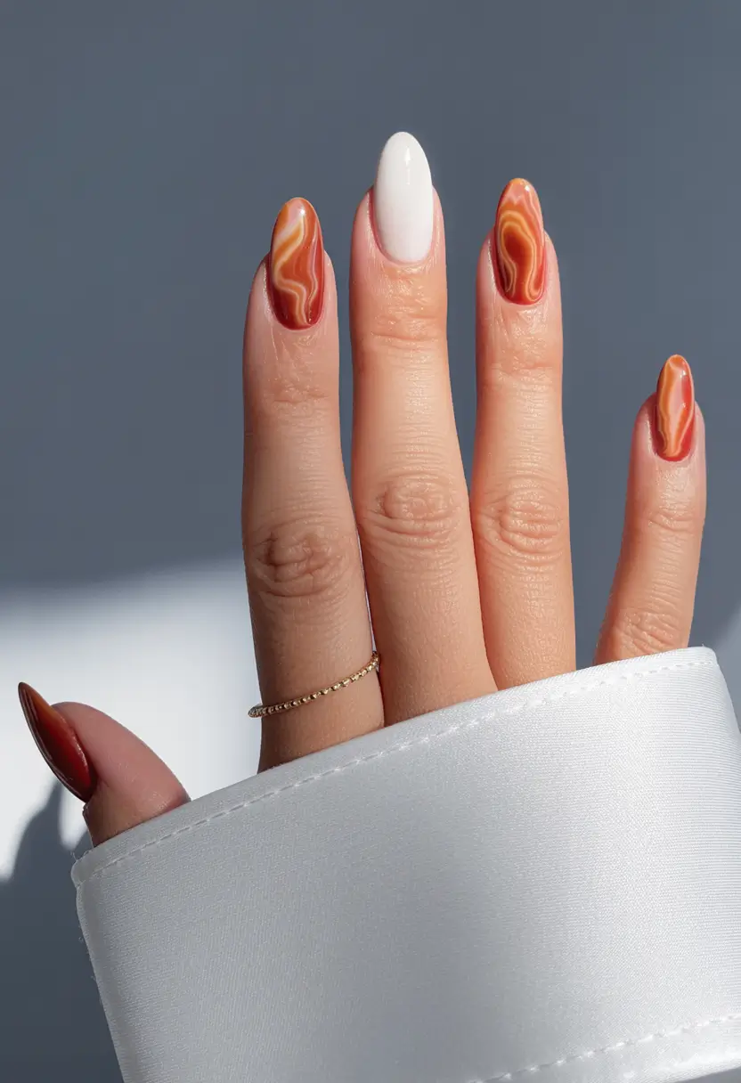 Fall nail design for November 2025 Autumn Agate Swirls