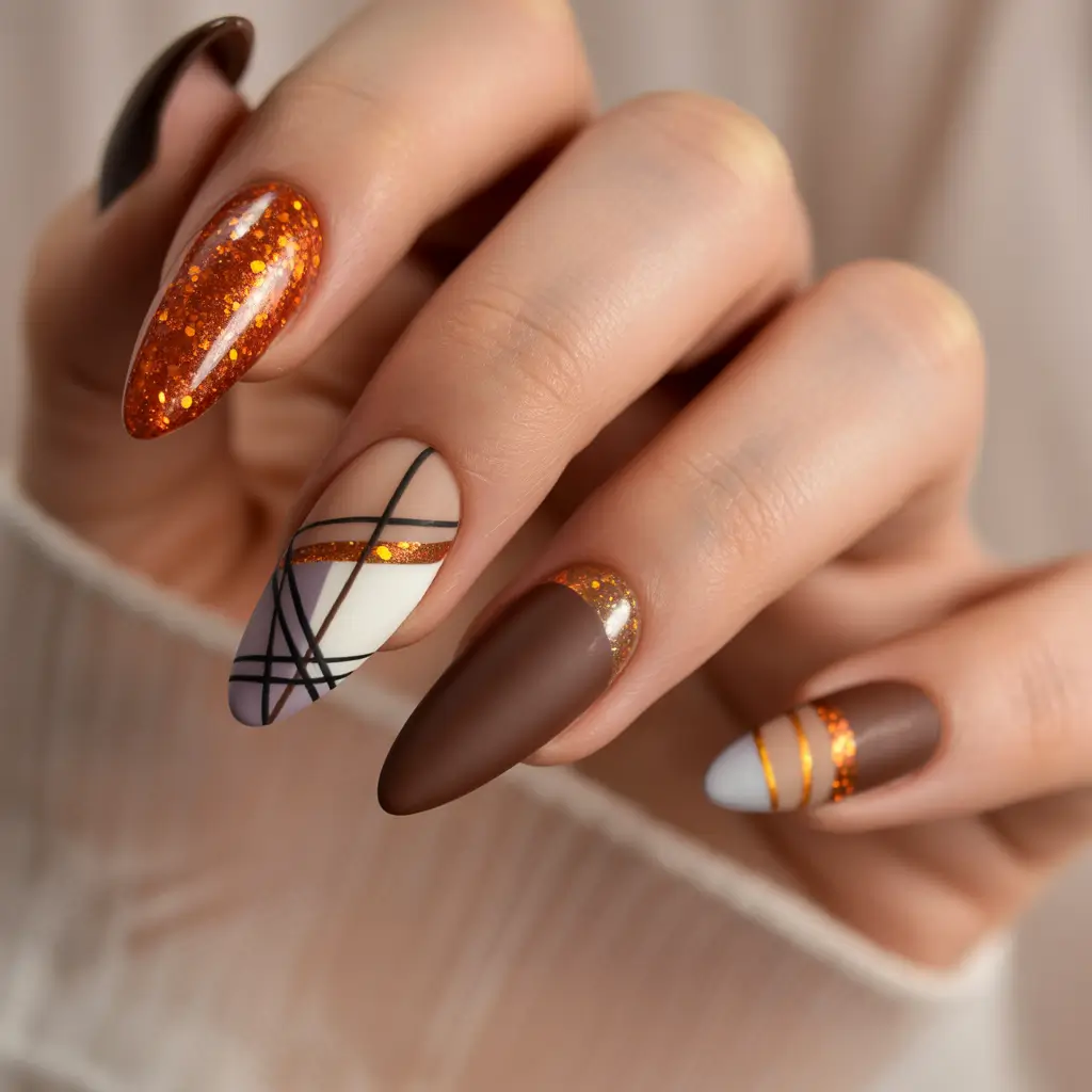 Fall nail design for November 2025 Geometric Pumpkin Spice