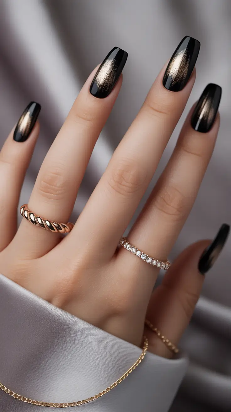 Fall nail design for November 2025 Black Gold Elegance