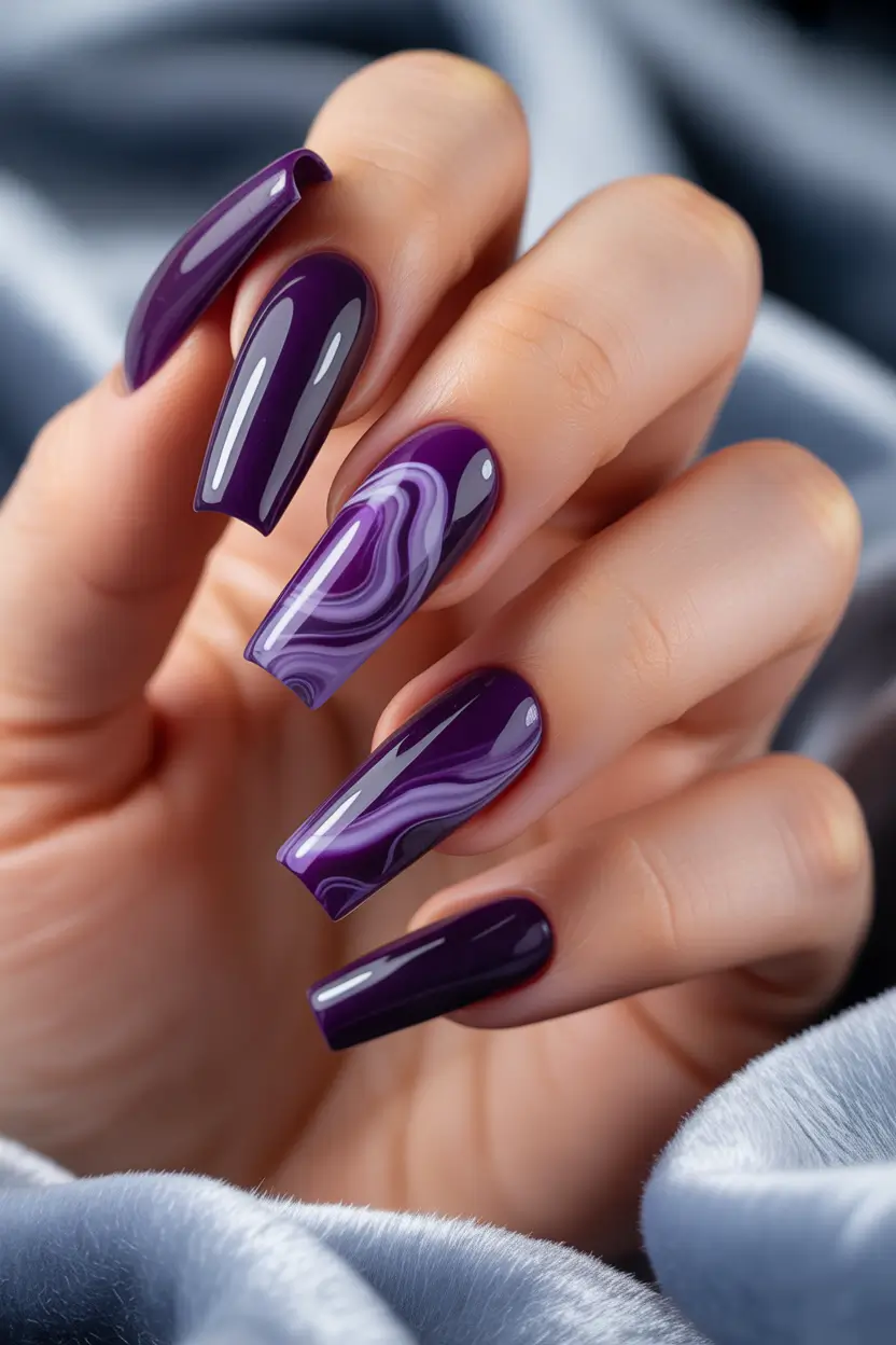 Fall nail design for November 2025 Royal Purple Marble