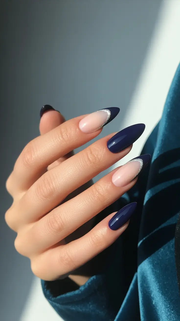 Fall nail design for November 2025 Midnight Blue French