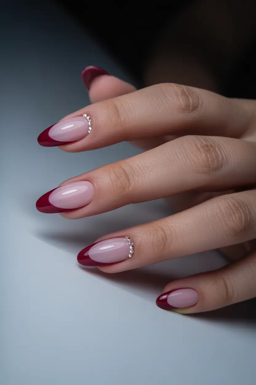 Fall nail design for November 2025 Wine French with Crystals