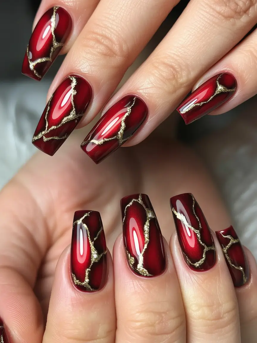 Fall nail design for November 2025 Crimson Gold Veins