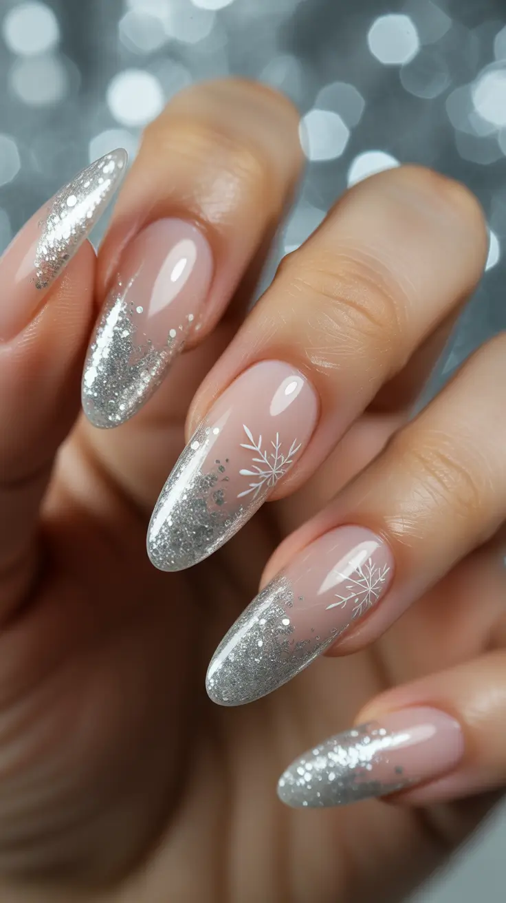 Fresh Almond Nail Inspiration Winter 2025–2026 Silver Snowflake Sparkle
