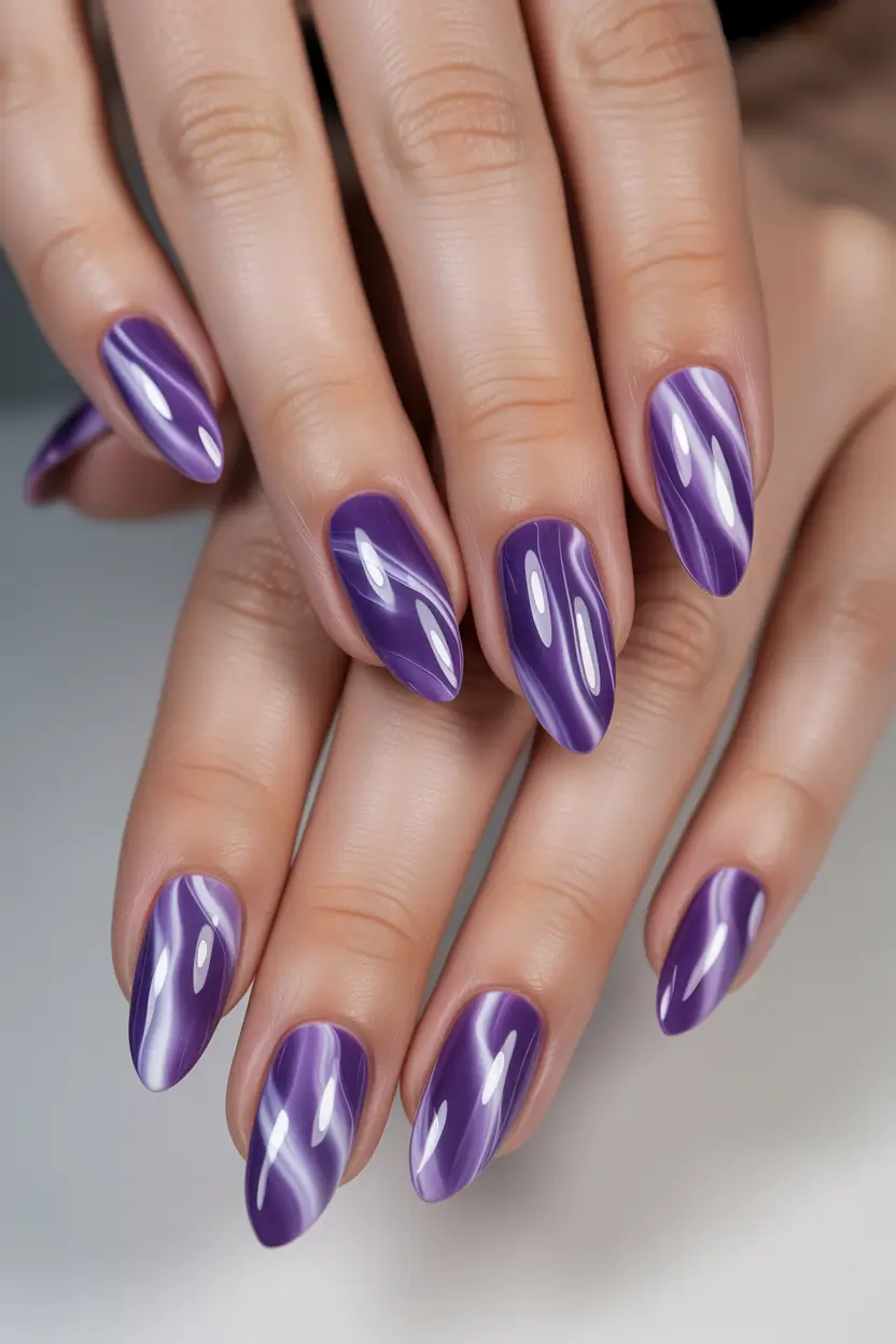 Fresh Almond Nail Inspiration Winter 2025–2026 Amethyst Cat-Eye Waves