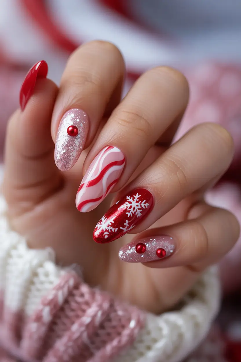 Fresh Almond Nail Inspiration Winter 2025–2026 Red Candy Cane Whirl