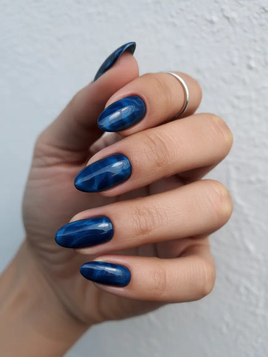 Fresh Almond Nail Inspiration Winter 2025–2026 Blue Velvet Marble