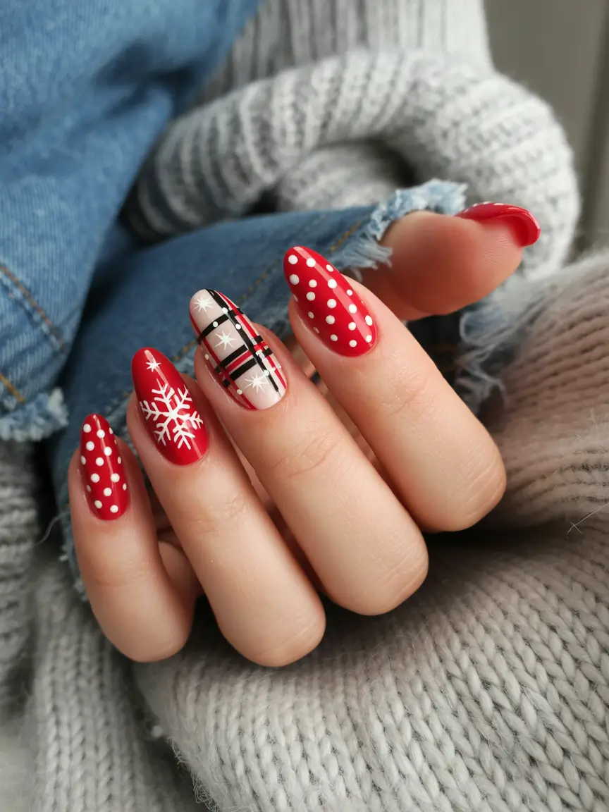 Fresh Almond Nail Inspiration Winter 2025–2026 Holiday Plaid & Snowflakes