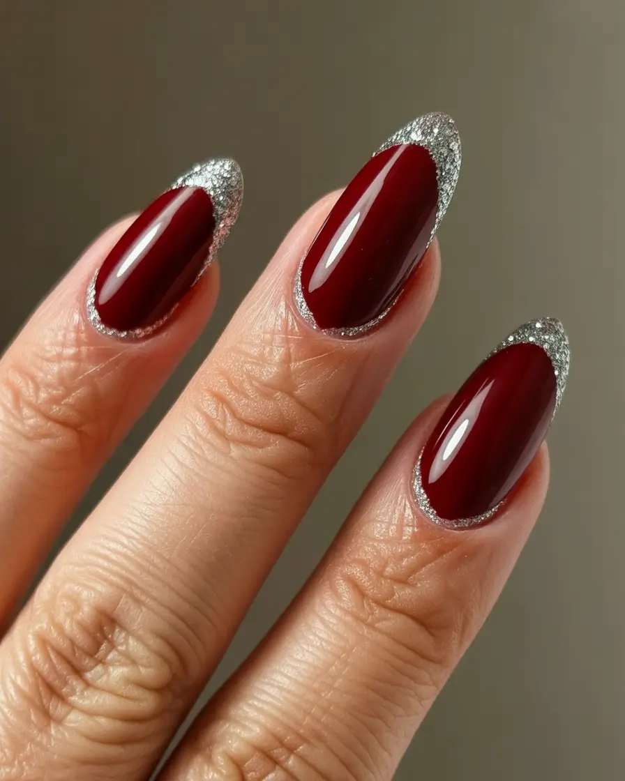 Fresh Almond Nail Inspiration Winter 2025–2026 Silver-Tipped Bordeaux