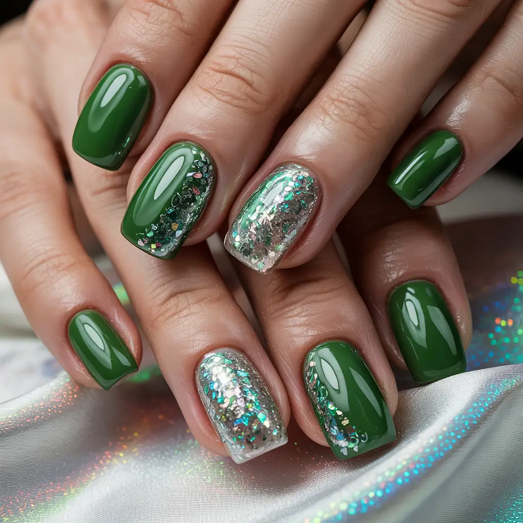Fresh Cute Nail Inspiration Winter 2025–2026 Emerald Shine with Glitter Accent