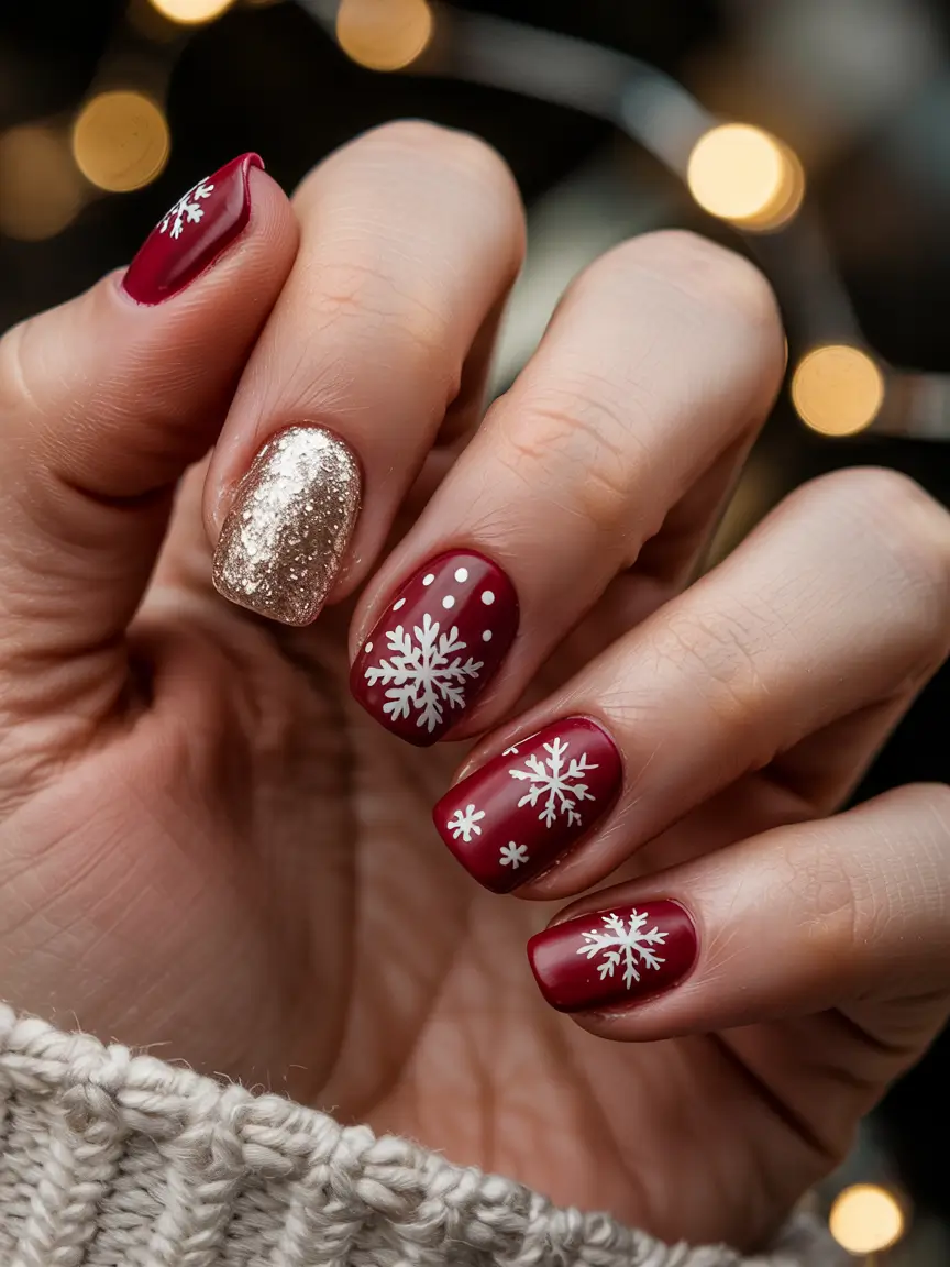 Fresh Cute Nail Inspiration Winter 2025–2026 Golden Snowflake Bliss