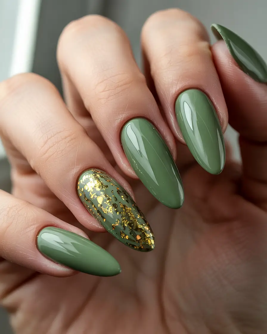 Fresh Cute Nail Inspiration Winter 2025–2026 Olive Gold Luxe Almond