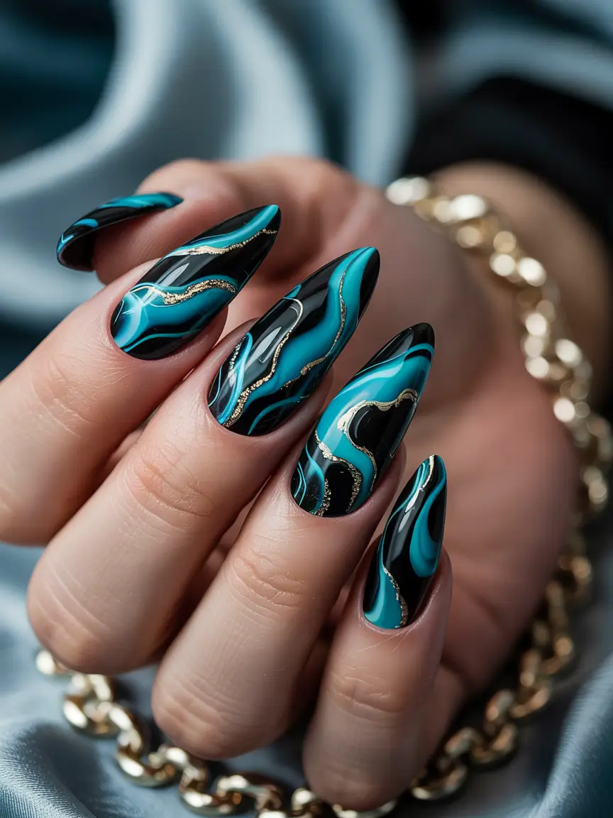 Fresh Cute Nail Inspiration Winter 2025–2026 Teal Marble Swirl