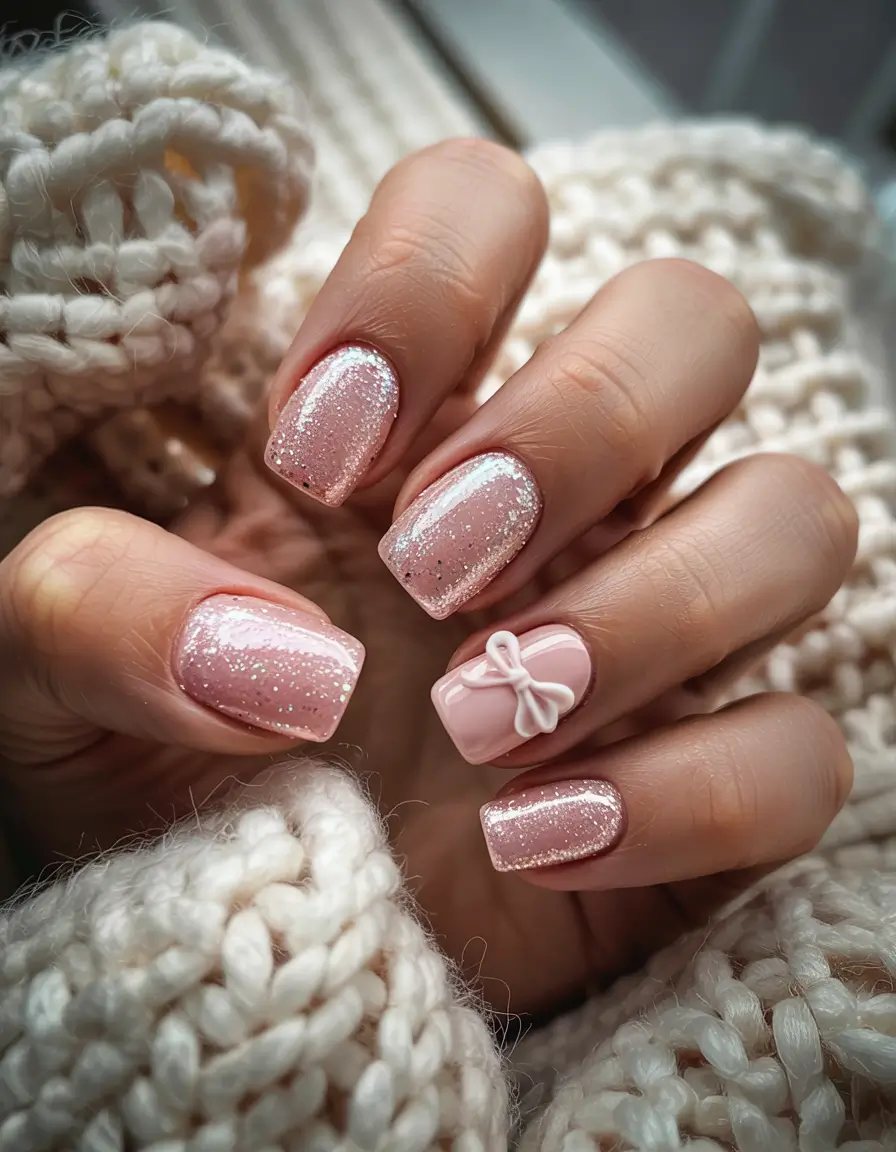 Fresh Cute Nail Inspiration Winter 2025–2026 Soft Pink Winter Bow