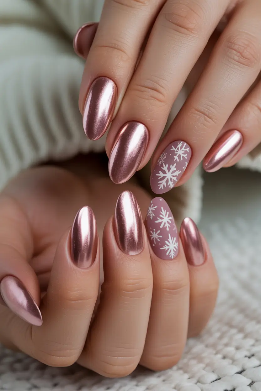 Fresh Nail Colors Winter 2025–2026 Rose Chrome Snowflakes