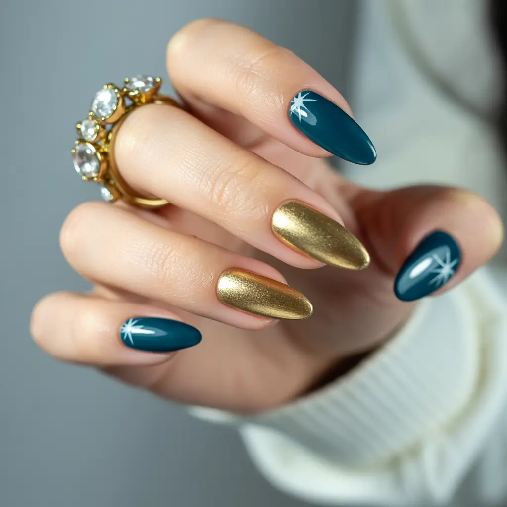 Fresh Nail Colors Winter 2025–2026 Gold and Teal Star Accent