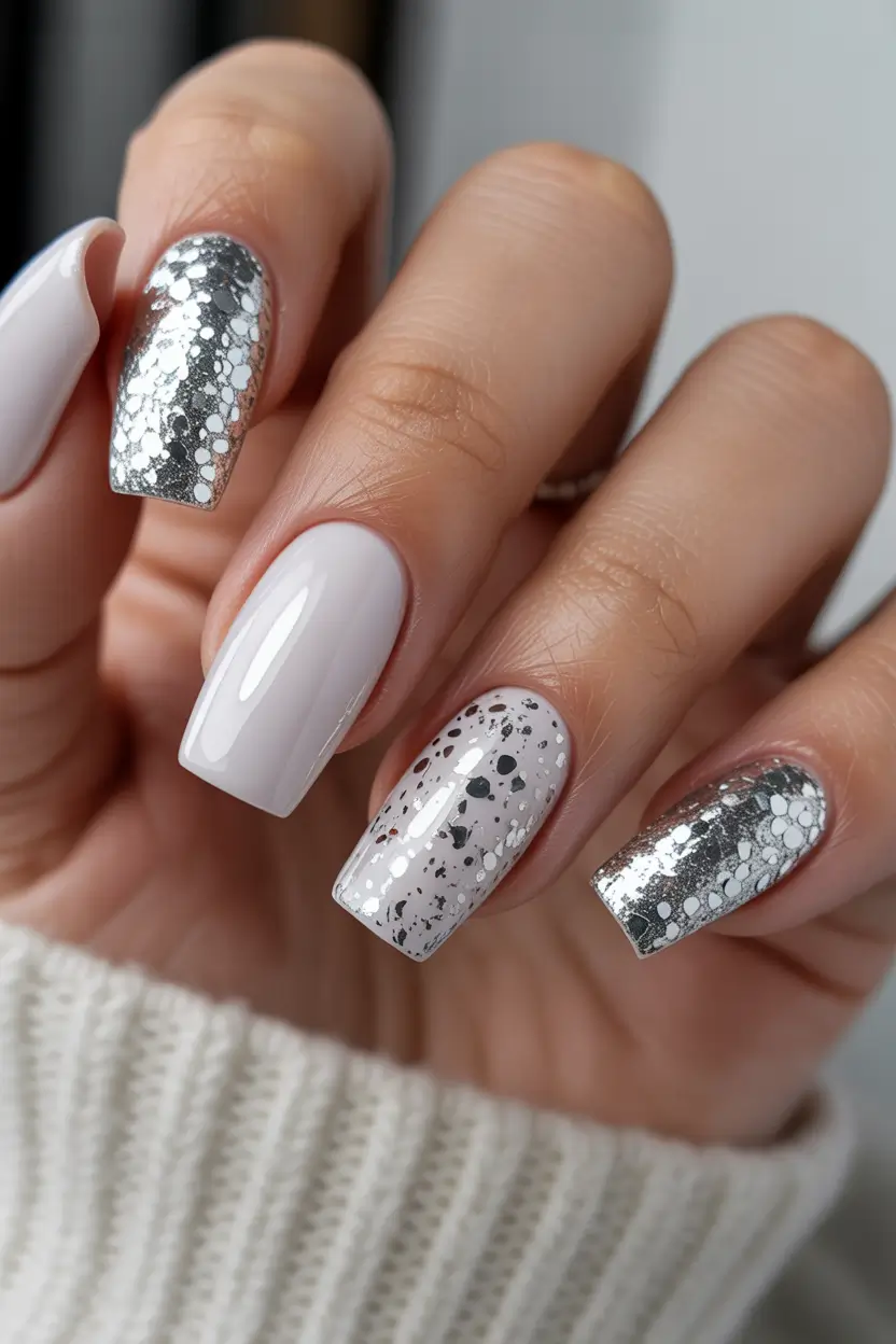 Gel Nail Trends Christmas 2025 Silver Flakes and White Ice